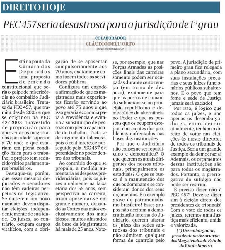 Artigo – “PEC 457 seria desastrosa para a jurisdição de 1º grau”