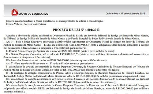 Projeto de suplementação é publicado no Diário do Legislativo