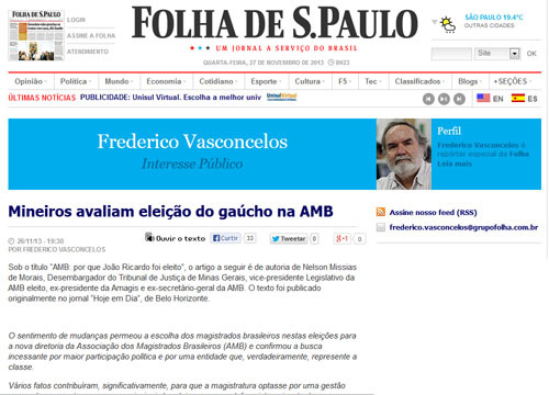 Folha de S. Paulo destaca artigo de Nelson Missias