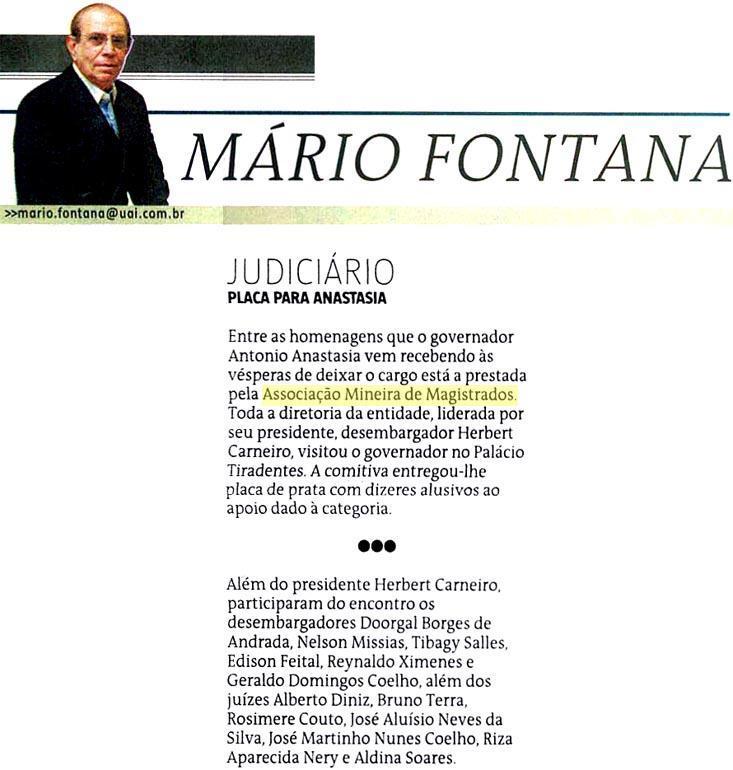 Estado de Minas destaca homenagem da Amagis ao governador Anastasia