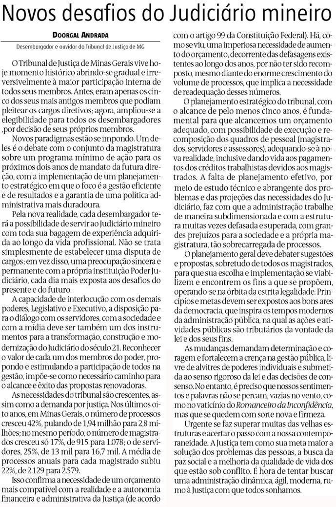 Artigo – “Novos desafios do Judiciário mineiro”