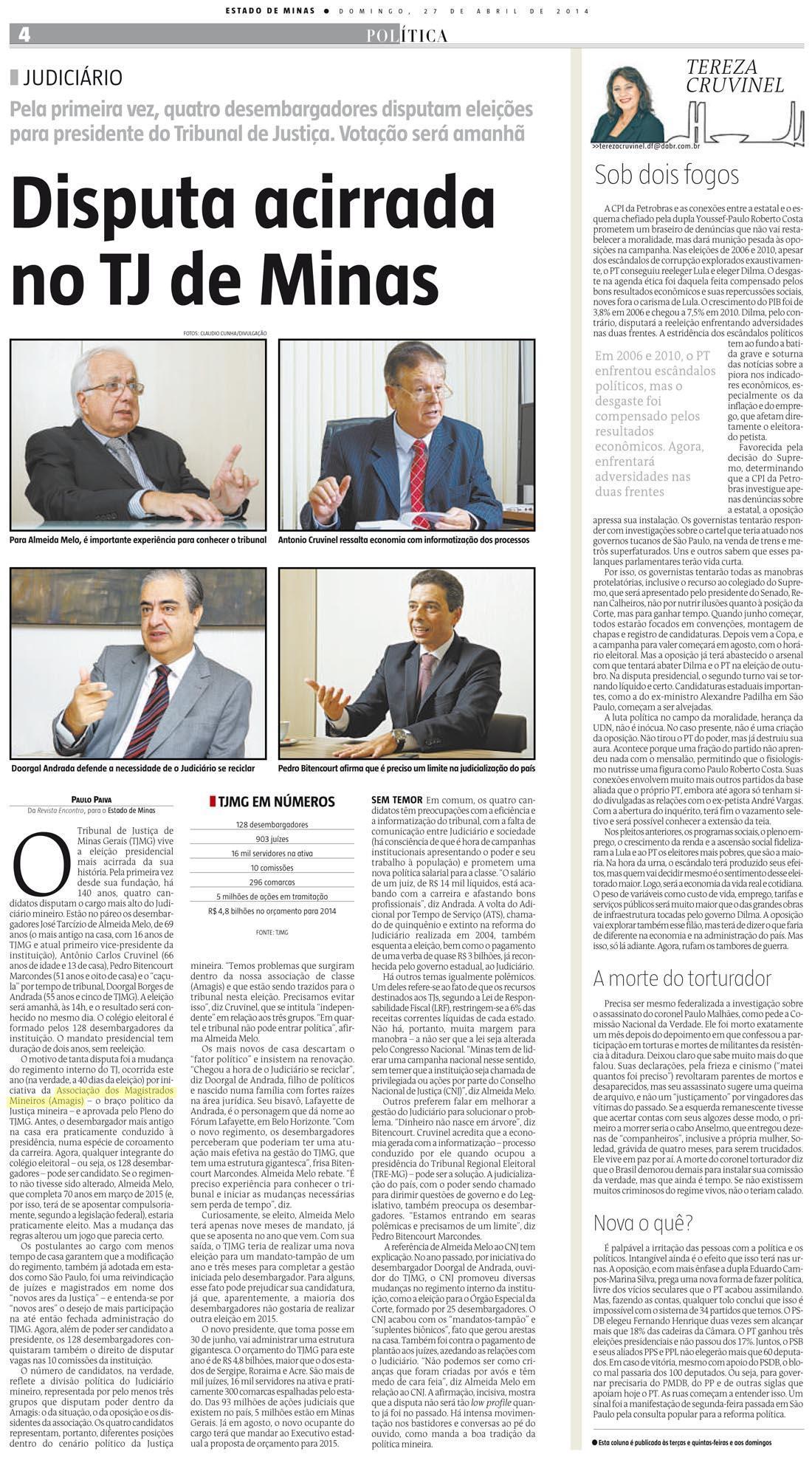 Estado de Minas destaca disputa pela presidência do TJMG