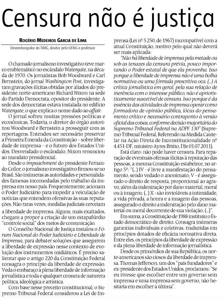 Artigo – “Censura não é justiça”