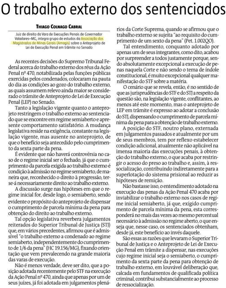 Juiz aborda trabalho externo de presos em artigo no jornal Estado de Minas