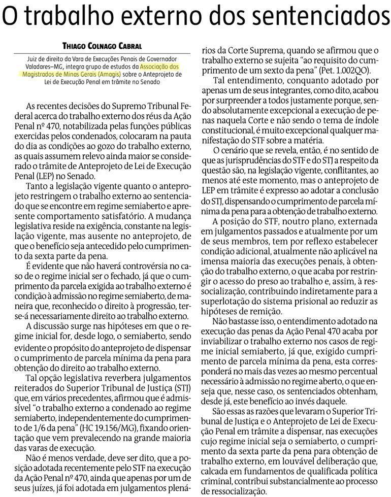 Juiz aborda trabalho externo de presos em artigo no jornal Estado de Minas