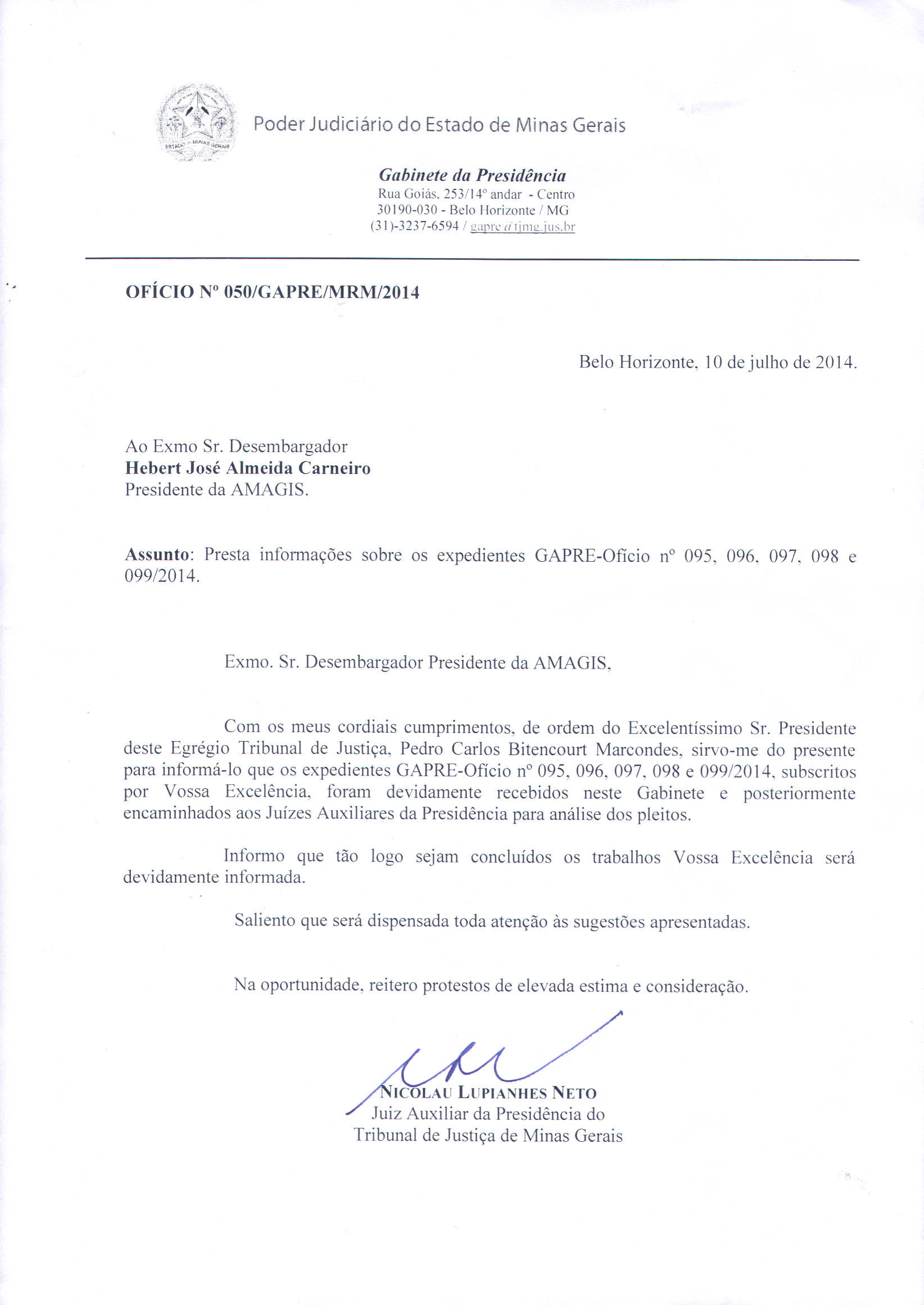 Ofício nº 050/GAPRE/MRM/2014