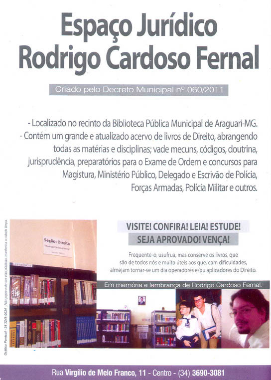Setor jurídico da Biblioteca de Araguari recebe nome de filho de magistrado