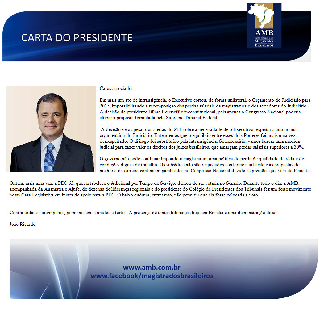 Presidente da AMB divulga carta aos magistrados brasileiros