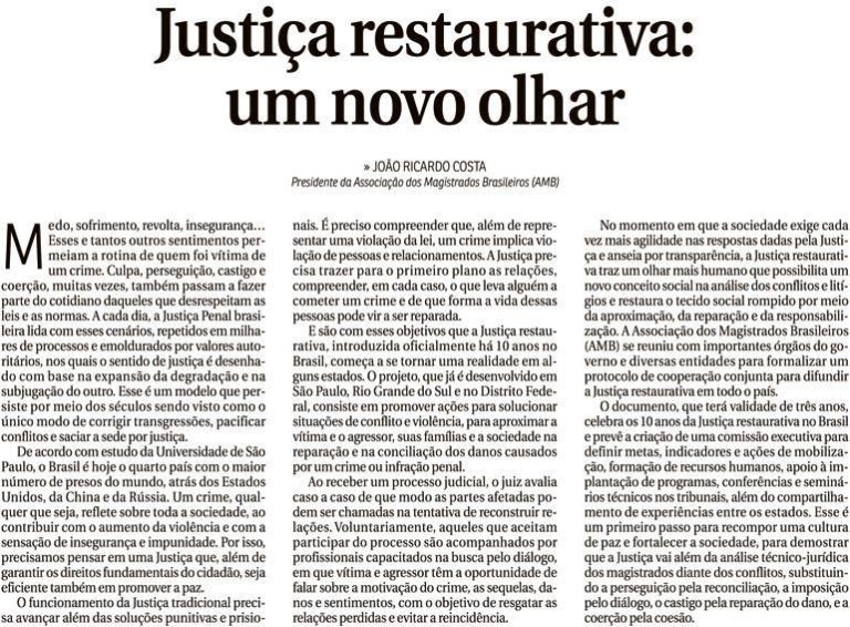 Presidente da AMB publica artigo sobre justiça restaurativa no ‘Correio Braziliense’