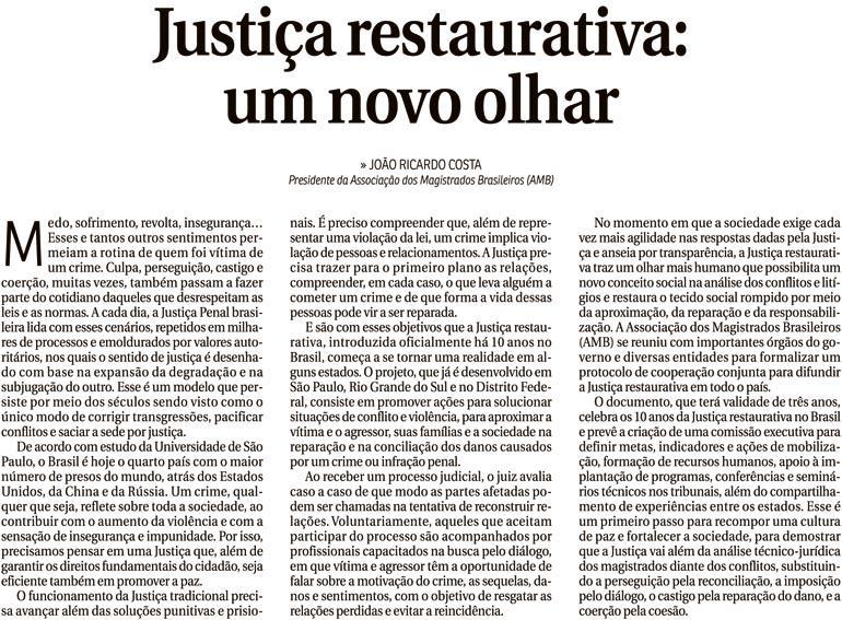 Presidente da AMB publica artigo sobre justiça restaurativa no ‘Correio Braziliense’