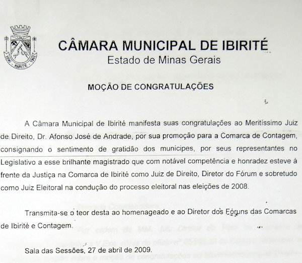 Câmara de Ibirité reconhece trabalho de magistrado