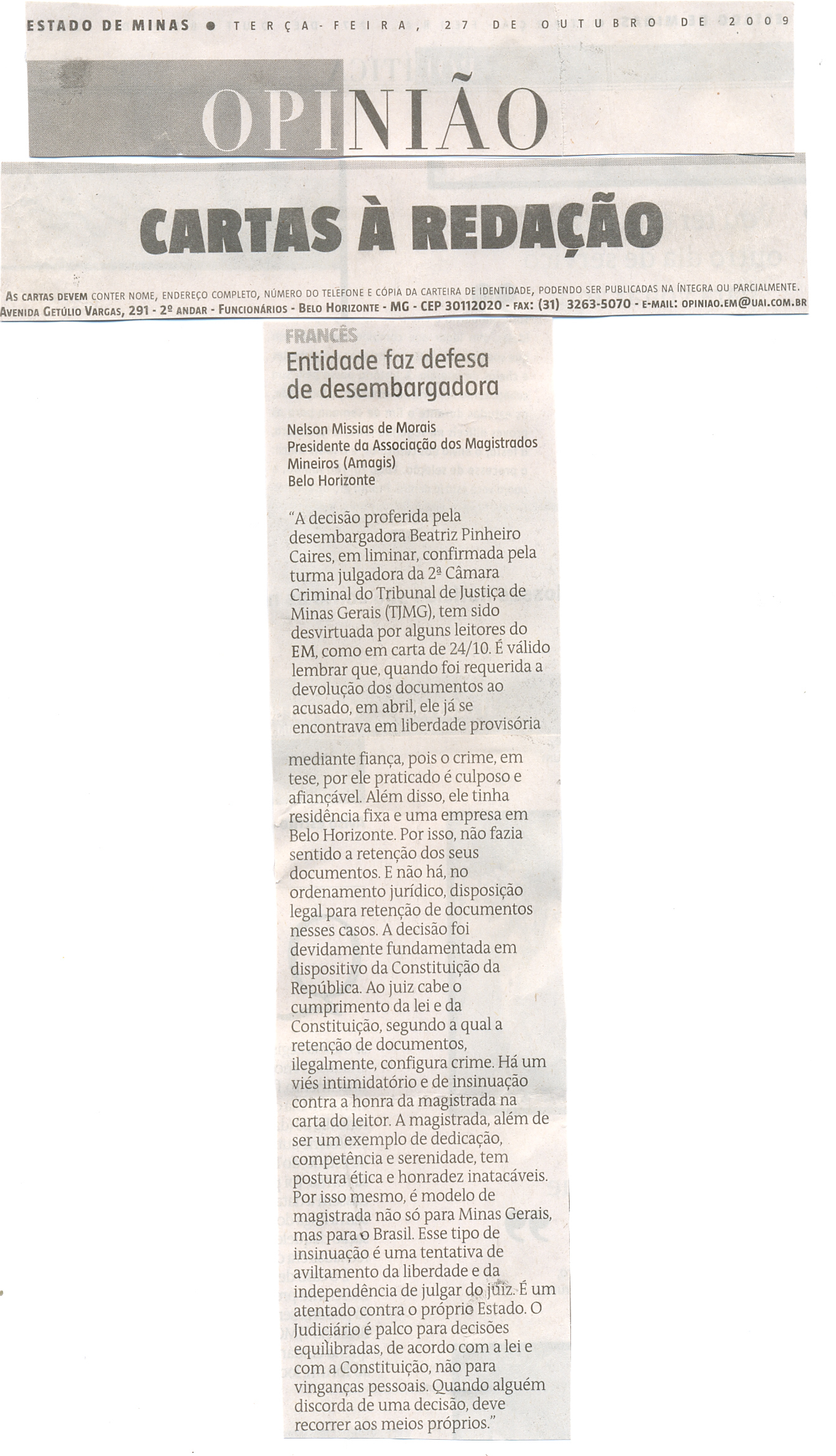 Amagis repudia insinuações contra desembargadora