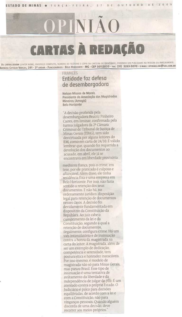 Estado de Minas publica carta da Amagis em defesa de desembargadora