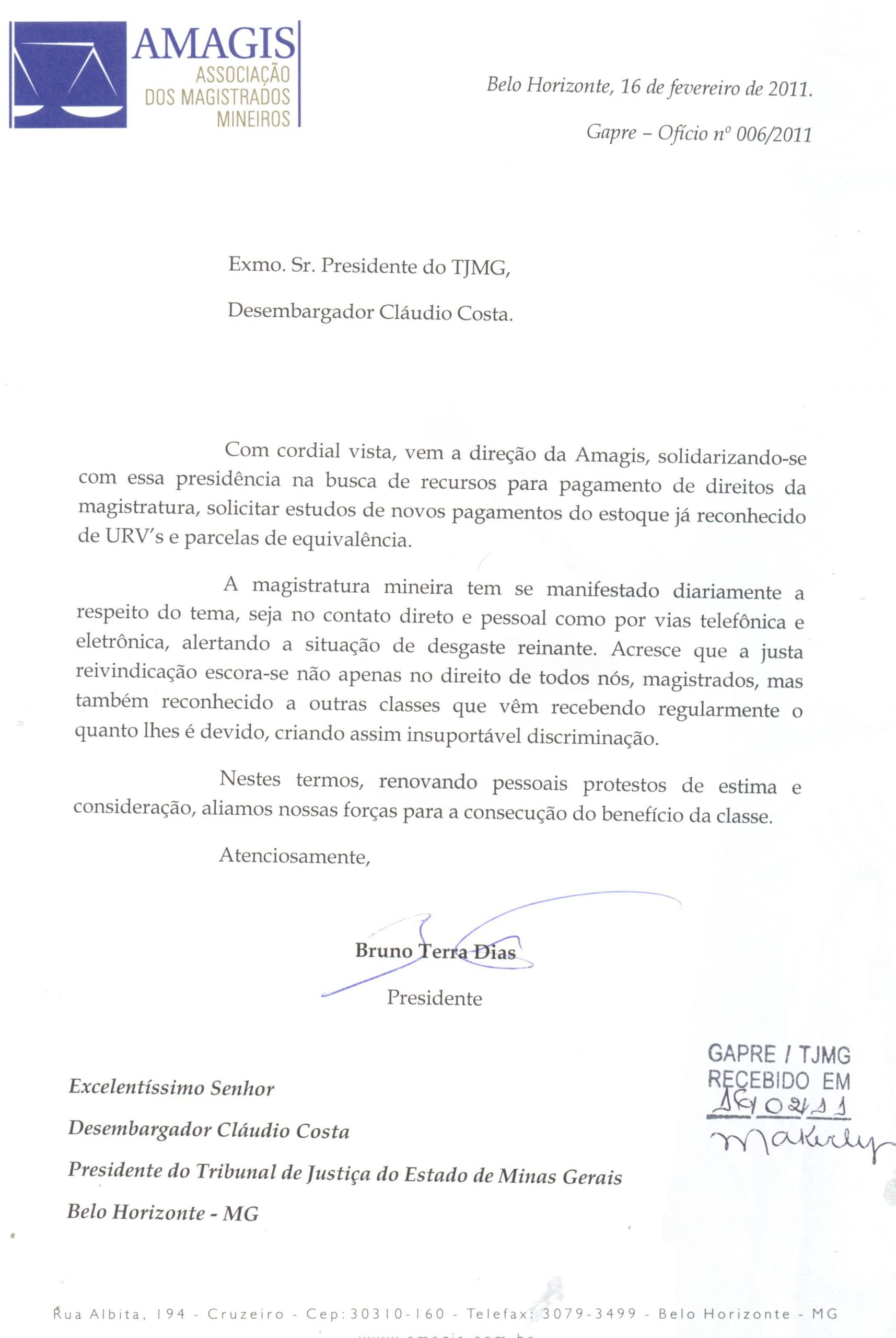 Ofícios entregues ao presidente do TJMG