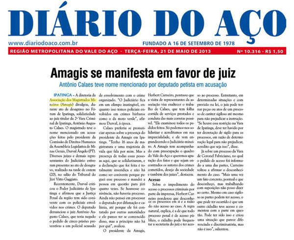 Diário do Aço repercute manifesto da Amagis em favor de juiz