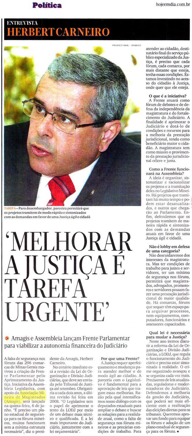 Herbert Carneiro fala sobre Frente Parlamentar de Aperfeiçoamento da Justiça ao ?Hoje em Dia?