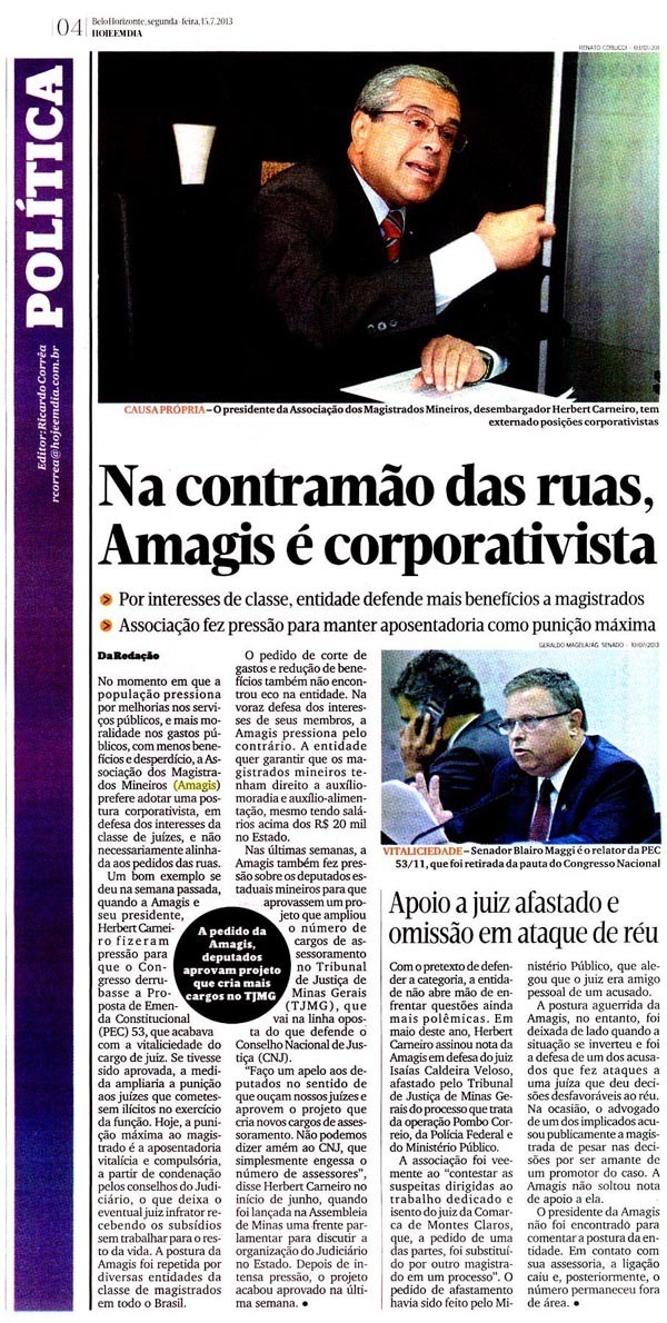 Jornal critica Amagis por defender vitaliciedade do juiz brasileiro