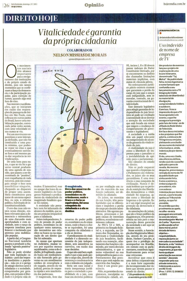 Nelson Missias publica artigo em defesa da vitaliciedade