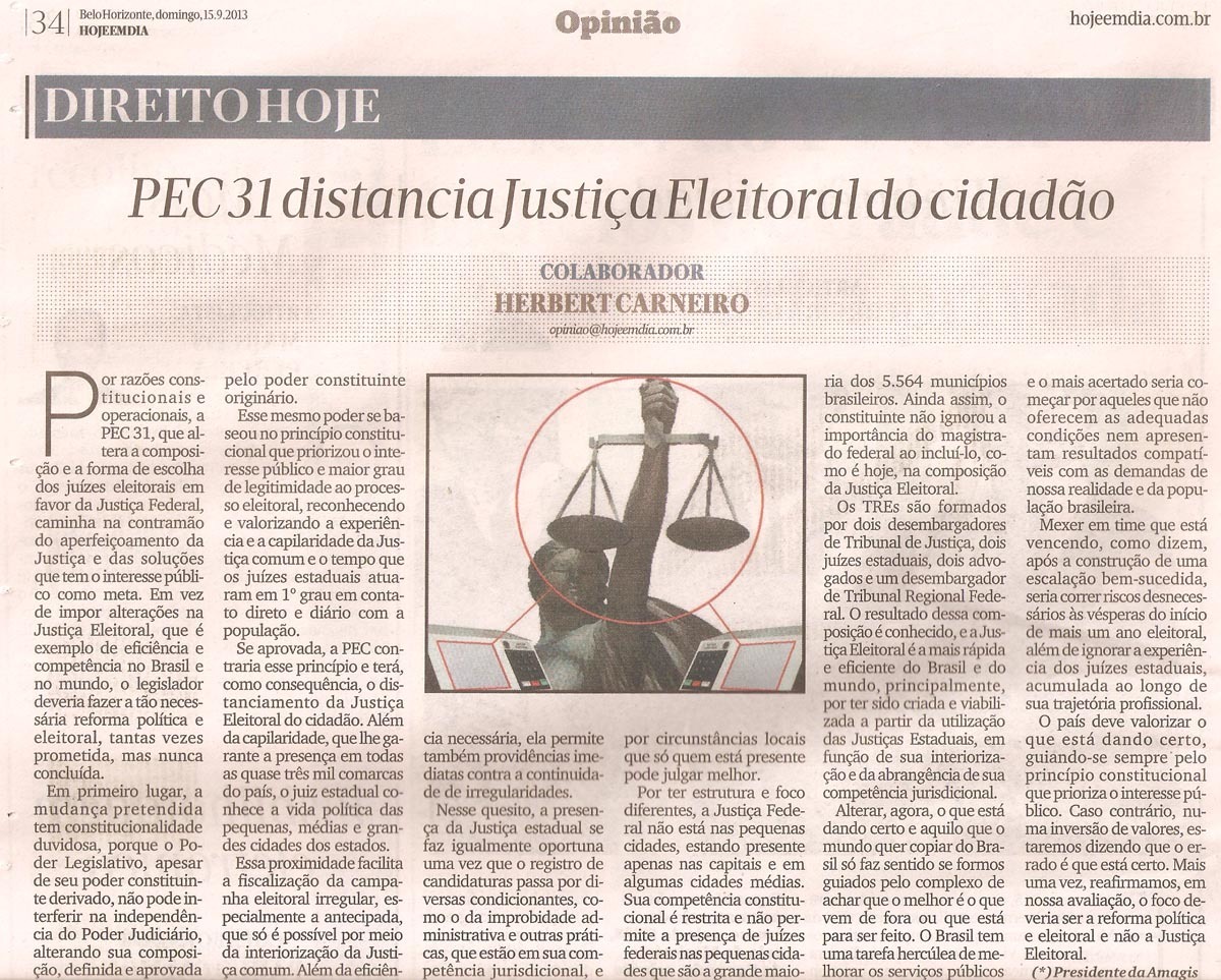 Em artigo, Herbert Carneiro se opõe à aprovação da PEC 31
